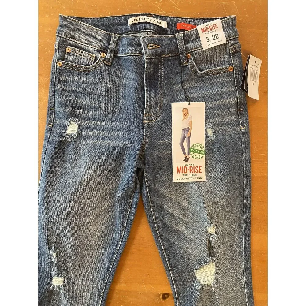Celebrity Pink Womens Jeans Skinny High Rise THE RIDER sz 3/26 Distressed Med Dk